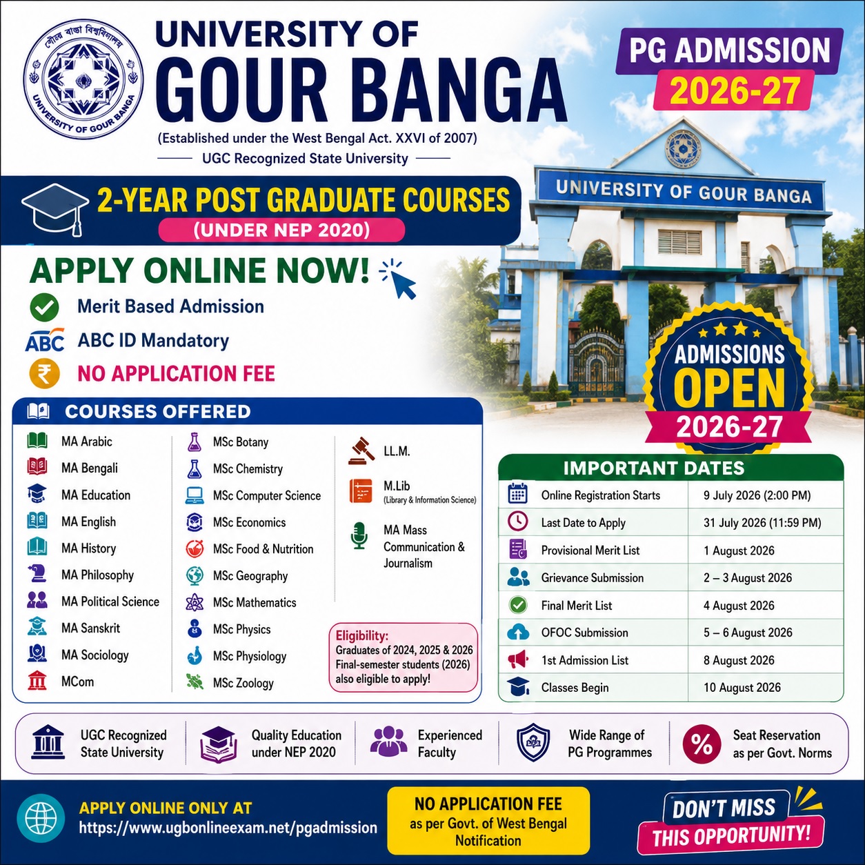 University of Gour Banga PG Admission 2026-27